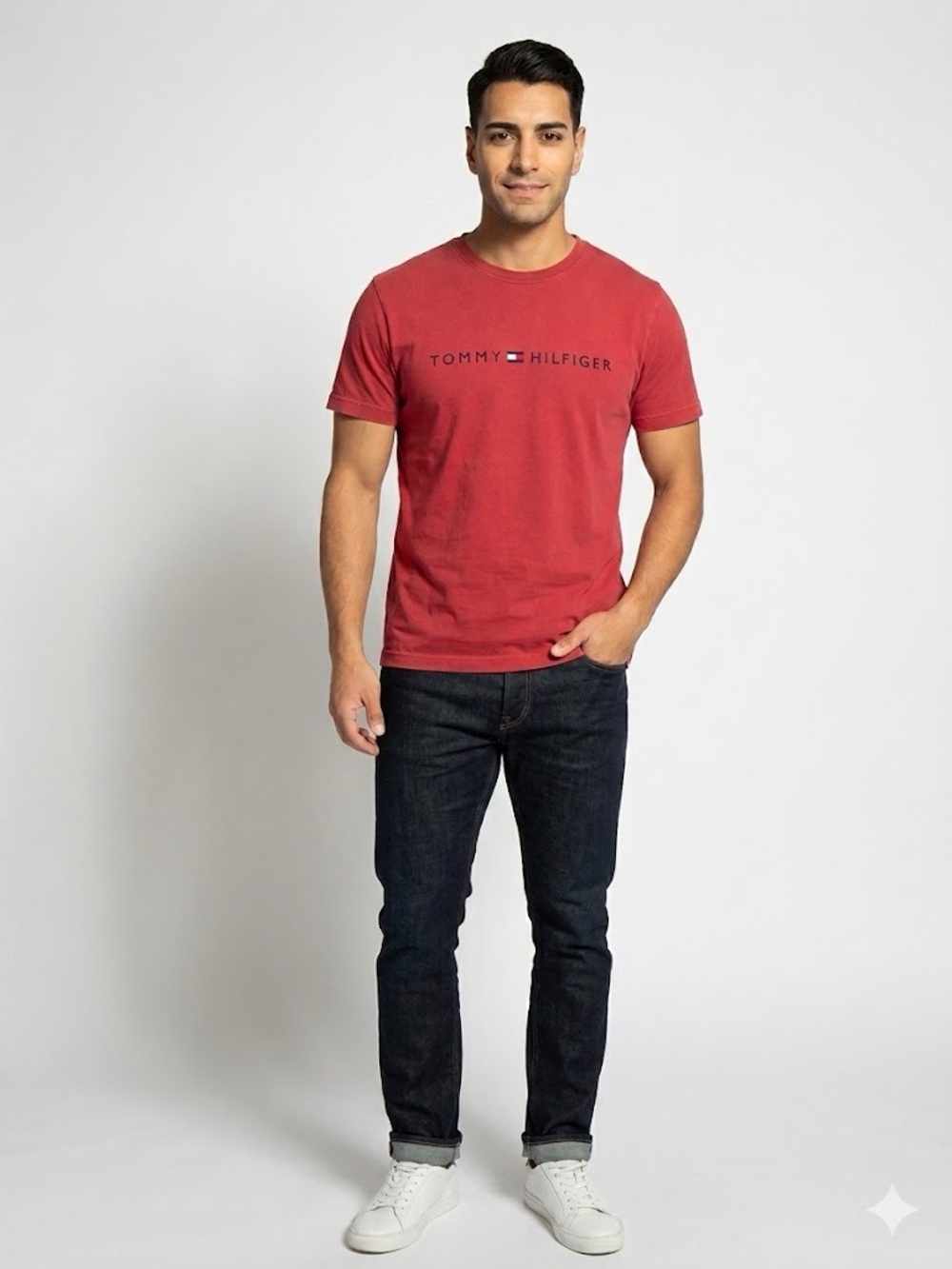 Tommy Hilfiger Men’s Red Logo T-Shirt Tee Classic Flag Spellout Cotton Size L
